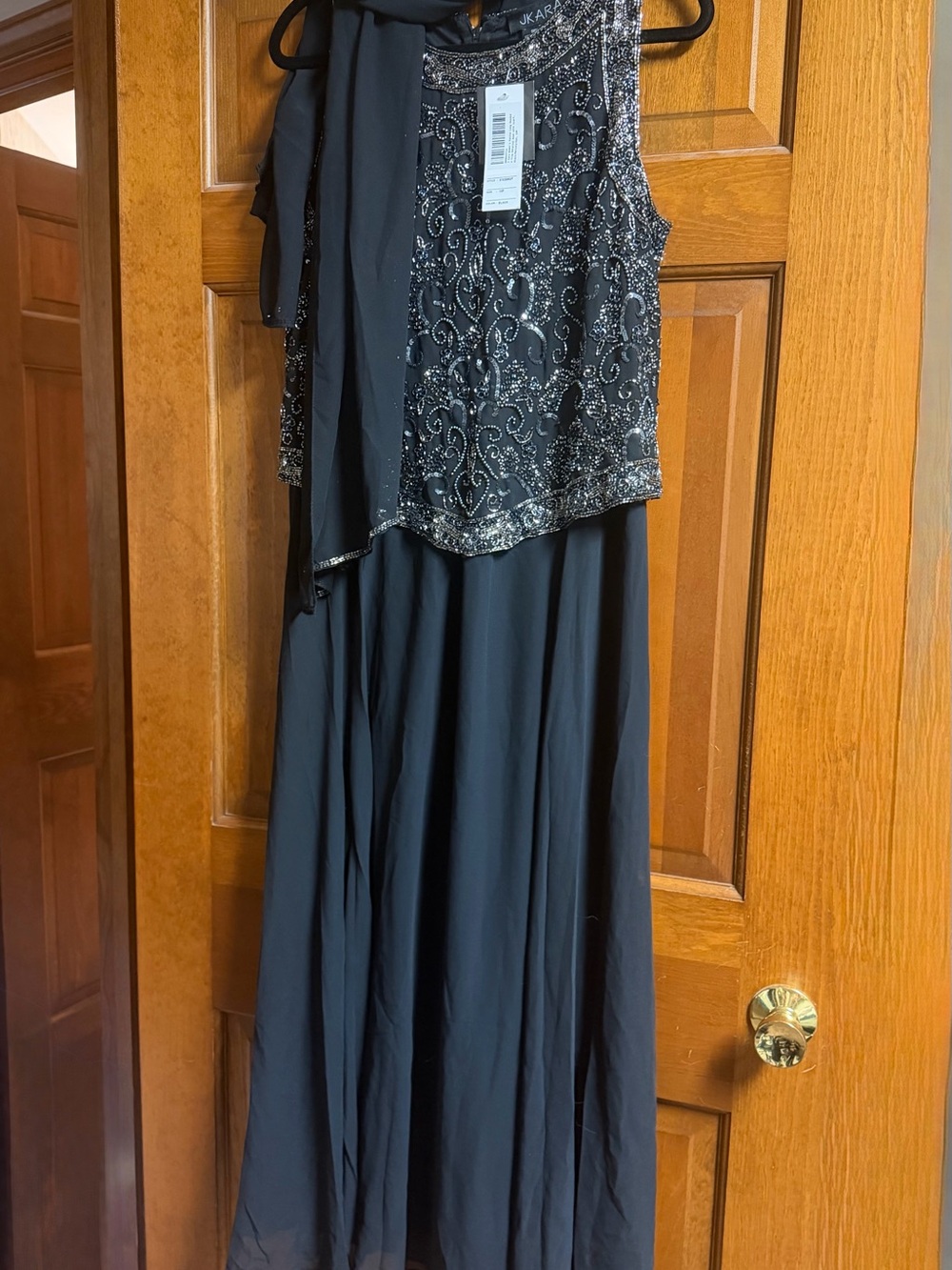 J Kara Black Beaded Maxi Dress with Scarf- NWT